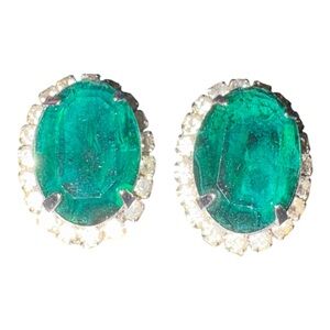 Emerald Green Oval Rhinestone Halo Vintage Clip Earrings Bridal Christmas J22